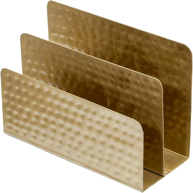 MyGift Modern Vintage Brass Tone Metal Tabletop Mail Holder Letter Sorter with Hammered Design, Office Desktop Storage File Folder Document Organizer Stand with Pebbled Texture - Handcrafted in India