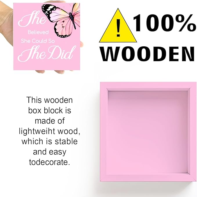 LVQHI Inspirational Pink Wooden Block Sign With "She Believed She Could So She Did" Quote, Achieve Office Desk Decor For Women, Motivational Shelf Display Gift, 5"L x 5"W x 1.2"H