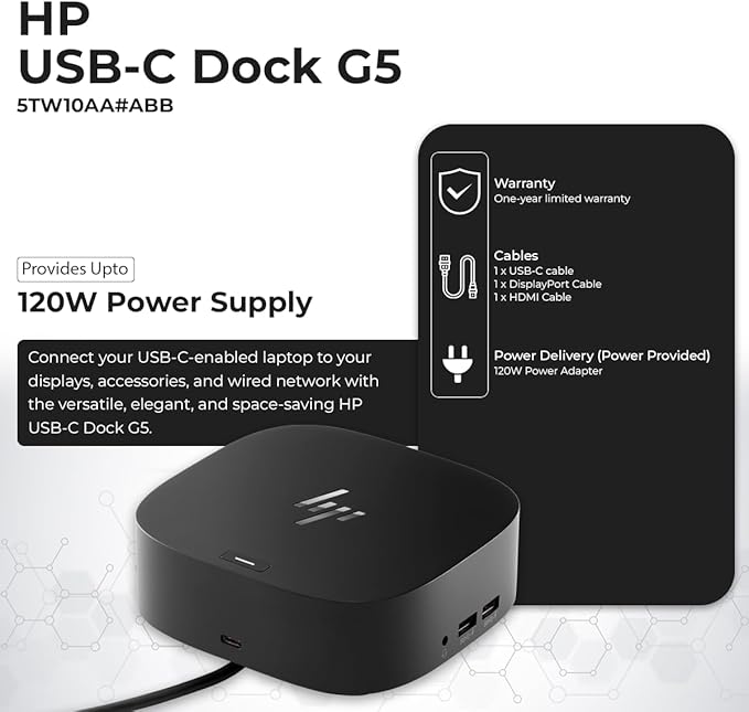 HP Docking Station for Laptop Dual Monitor and Charging Bundle - HP USB-C G5 Dock 5TW10AA / 5TW10UT / 5TW10AA#ABB with 120W Adapter, HDMI, DisplayPort, USB-C Cables & Microfiber Cleaning Cloth