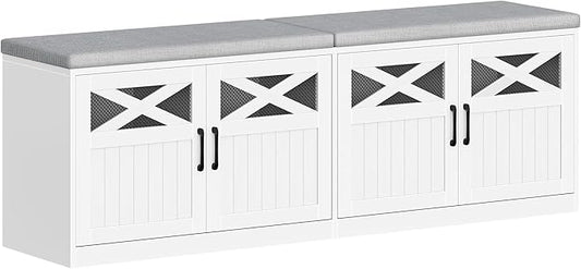 Hzuaneri 2 Tier Shoe Storage Bench with Doors, 59" Farmhouse Shoe Bench with Padded Cushion, 12-16 Pairs of Bed End Bench, Entryway Bench with Storage for Bedroom, Living Room, White SB61503X
