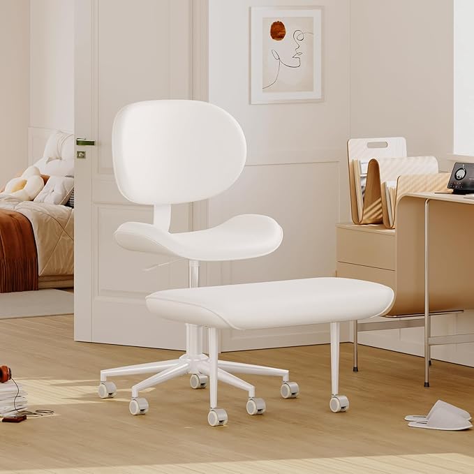 Pinmoco Cross-Legged Meditation Chair, ADHD Friendly Armless Office Chair with Footrest, PU Leather Wide Seat Desk Chair for Focus, Calm Sitting & Home Office, Off White