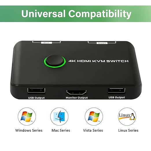 4K KVM Switch HDMI 2 Port Box - KVM Switch for 1 Monitor and 2 Computers 4K@60Hz for Sharing Monitor, Keyboard, Mouse, Hard Drives, and Printer – Includes 2 HDMI & USB Cables, and One-Button Swapping
