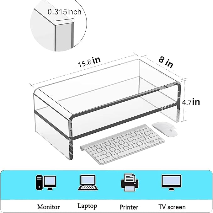 Acrylic Monitor Stand, 2 Tier Riser with Storage Shelf, Clear, 16/20 Inch, Home Office Desk Organizer (16in)