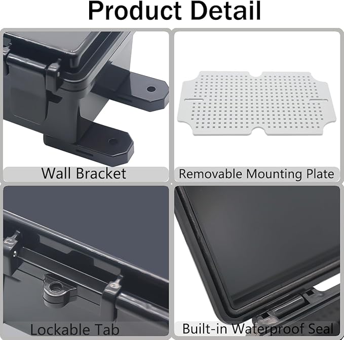 Junction Box, Hinged Black Cover IP67 Waterproof ABS Project Box with Mounting Plate Electrical Box Enclosure with Wall Bracket 10.2 x 6.3 x 4.3inch(260x160x110mm)