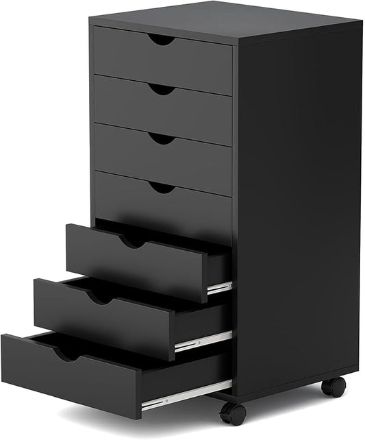 7 Drawer Mobile File Cabinet Under Desk Storage Organization with Wheels Vertical Filing Chest Rolling Wood Small Desk Printer Stand for Home, Black