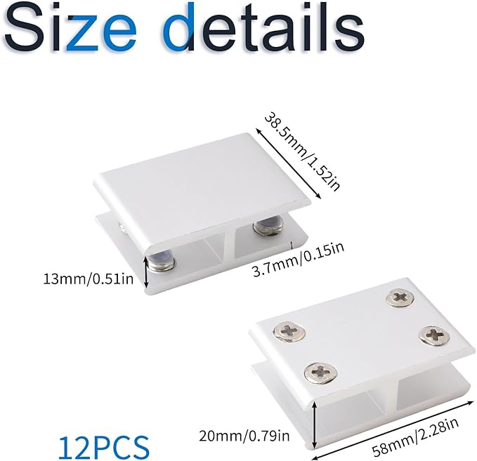 INCREWAY Glass Clamp, 12 Pack Adjustable Double Side Aluminum Alloy Glass Shelf Support Bracket, Glass Clip Clamp Holder for 10-12mm Thickness, 180 Degrees