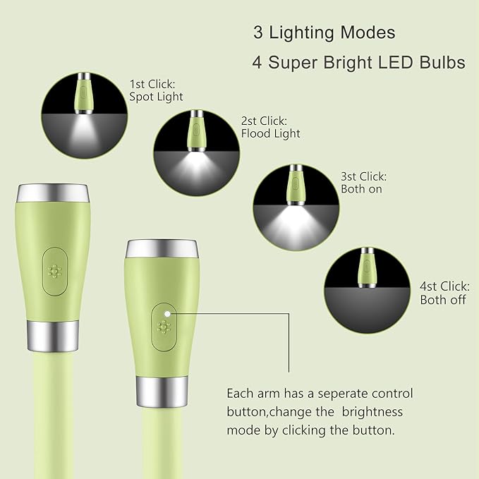 Neck Book Light LED Reading Lamp USB-C Rechargeable, Hands Free, 4 LED Bulbs, 4 Adjustable Brightness, for Reading in Bed or Reading in Car (Green)