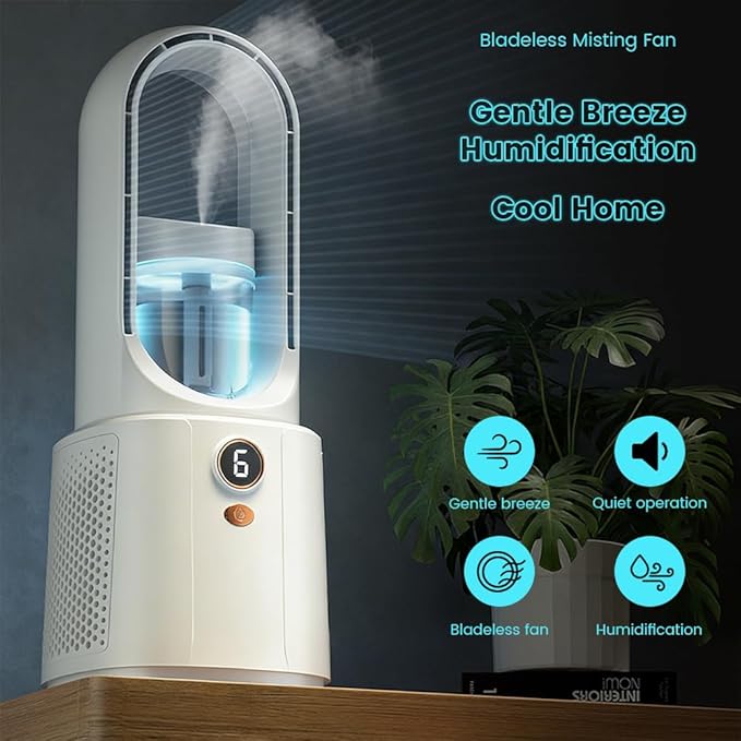 Bladeless Fan for Desk, Night Light & Humidifier Cooler, Desk Fan Quiet, 5 Speeds for Powerful Airflow, Silent Desk Fan, Bladeless Tower Fan for Bedroom, Office, Nightstand