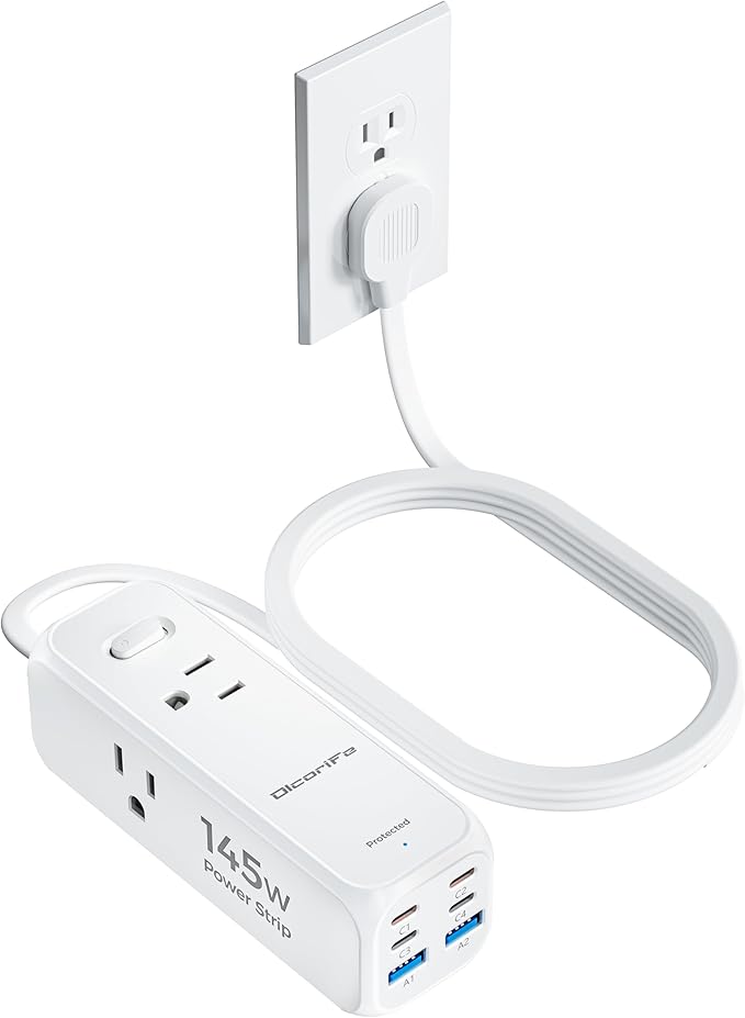 Olcorife 145W USB Power Strip, 5FT Flat Plug Extension Cord with 3 AC Outlets 6 USB Ports(4 USB C&2 USB A), 2000 Joules Surge Protector, Multiple USB Outlet Strip for Home Dorm Travel Essentials