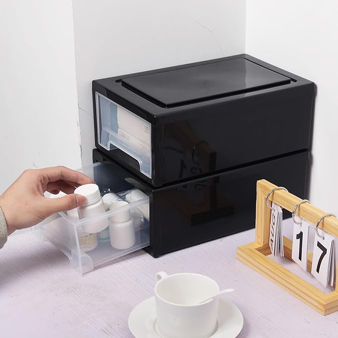 Compact Stacking Storage Drawer Unit, 6 Quart Plastic Desktop Drawers, 3 Pack, Black