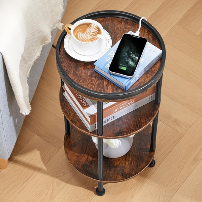Small Round Side Table with Charging Station for Small Spaces, 3-Tier Round Accent Table with USB Ports & Power Outlets, Corner Table Sofa End Table for Living Room Bedroom (USB Charger, Rustic Brown)