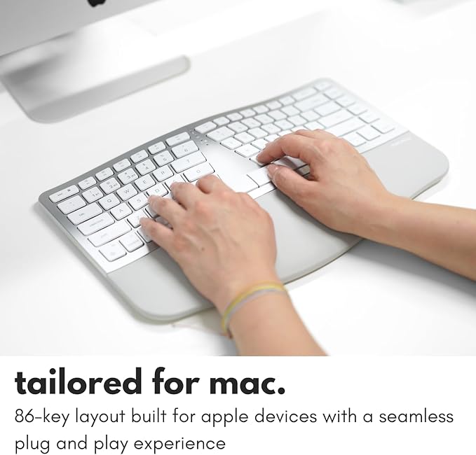 Macally Ergonomic Keyboard for Mac Wireless, Split Bluetooth & USB-C+A Wired Dual Mode Keyboard, Rechargeable Multi-Device Ergonomic Keyboard for MacBook iMac iPad iPhone with Wrist Cushion