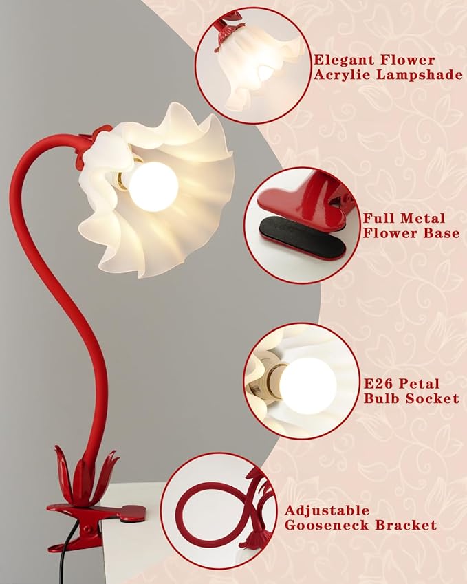 WERFOP Flower Lamp Clip on Light, 3 Color Modes Eye-Caring Desk Lamp with Clamp, Dorm Room Essentials, Flexible Neck Reading Clamp Lamps for College Bedside Bookshelf Studying Room (Red)