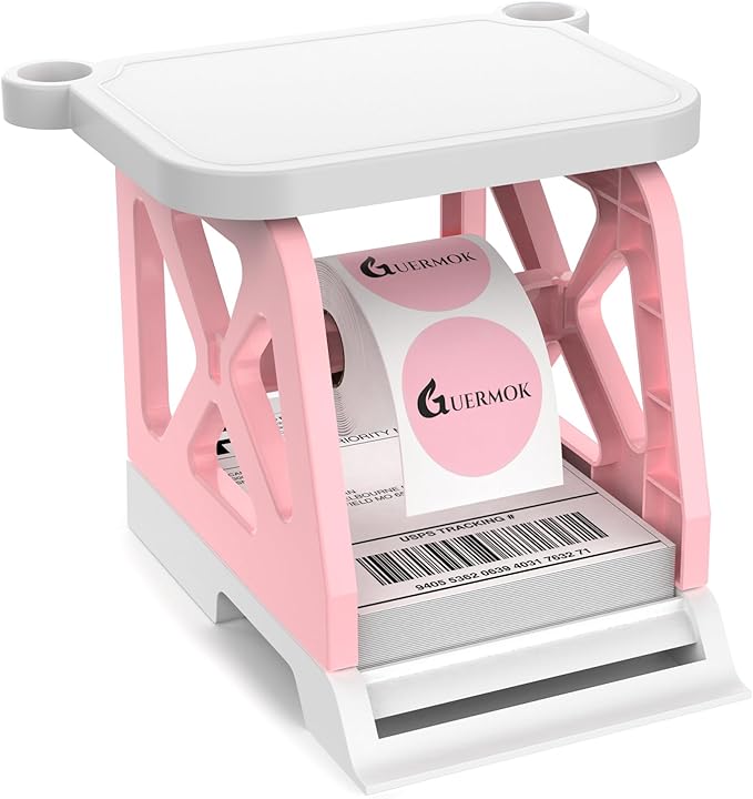 Guermok 3-in-1 Thermal Label Holder Stand for Printer Desk Organizer for Roll & Fan-Fold Labels, Cable Management, Easy Assembly for Home, Office, Retail & Small Business Pink