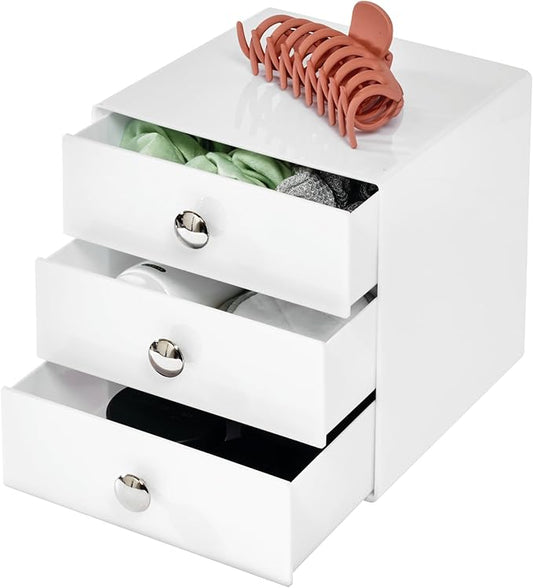 iDesign 3-Drawer Plastic Vanity Organizer, Compact Storage Organization Drawers Set for Cosmetics, Dental Supplies, Hair Care, Bathroom, Dorm, Desk, Countertop, Office, 6.5" x 6.5" x 6.5", White