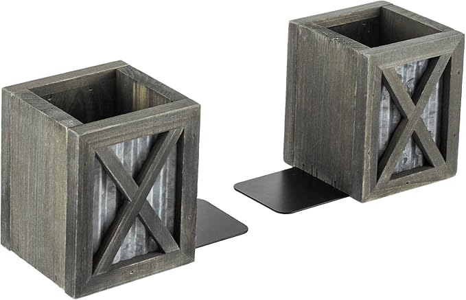 MyGift Vintage Decorative Bookends, Desktop Book Ends with Pen Holder Pencil Cup Stationery Storage Bins for Home Office, Classroom, Dorm Room, Gray Wood with Corrugated Galvanized Metal Accent