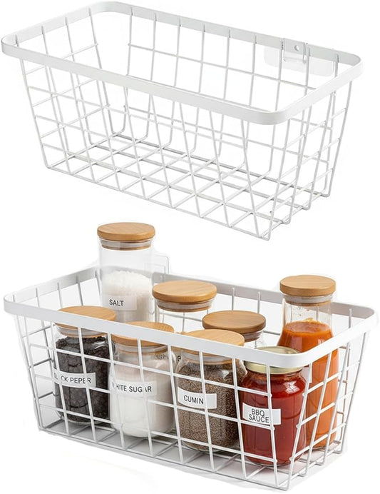 2 Set LeleCAT Hanging Wall Basket Organizer, Over the Cabinet Door Adhesive Wire Baskets for Organizing Kitchen Food Pantry Bathroom Shelf Storage No Drilling Wall Mounted,White
