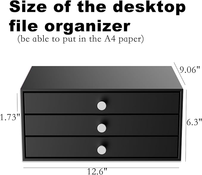 Svartur Metal Desk Top Drawers, Small Table Organizer with 3-Drawer Storage Organizer for A4 File, Desk File Storage Organization for Office, Home, No Assembly Required, Black