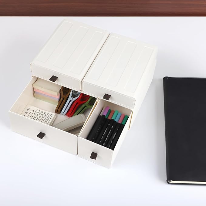 White Desk Organizer with Drawers, Dresser Desktop Makeup Nightstand Organizer, Storage Drawer for Small Spaces Pens Stationary Cosmetic Junk, Office Supplies and Accessories (4-Drawer)