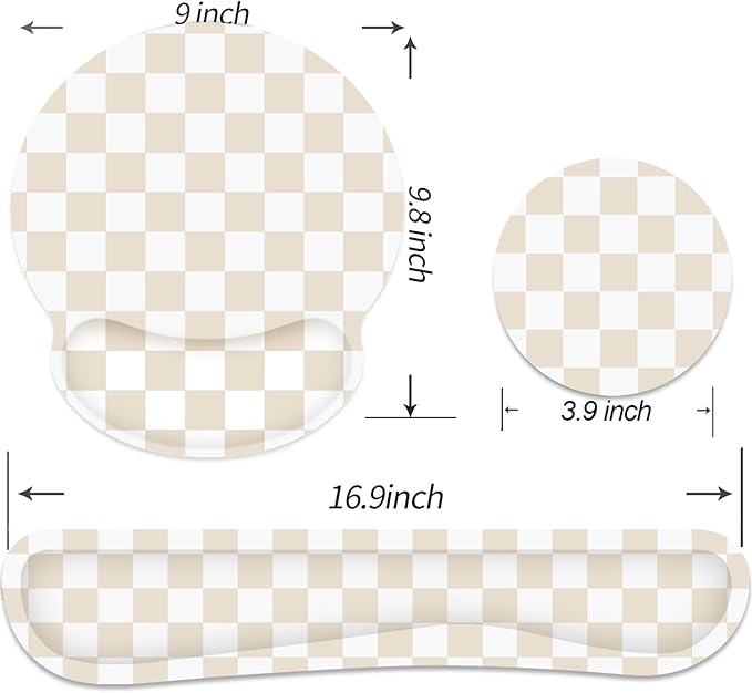 Ergonomic Mouse Pad with Wrist Rest and Keyboard Wrist Rest, Mousepad and Keyboard Pad, Non-Slip Rubber Base, Pain Relief, Mouse Pad with Wrist Support for Gaming, Computer, Office, Beige Checkered