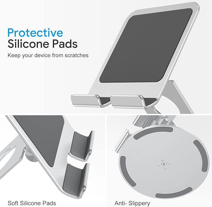 OMOTON T6 Swivel Tablet Stand for iPad with 360 Rotating Base, Foldable Adjustable Holder for Drawing, Compatible with iPad Pro/Air/Mini and More, Silver