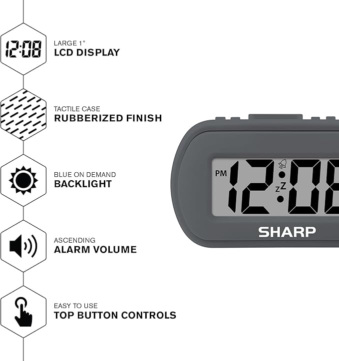 Sharp Digital Alarm Clock – Tactile Plastic Case with Soft Rubberized Finish - Battery Operated – Blue Backlight on Demand – Ascending Alarm – Easy to Use – Charcoal Black