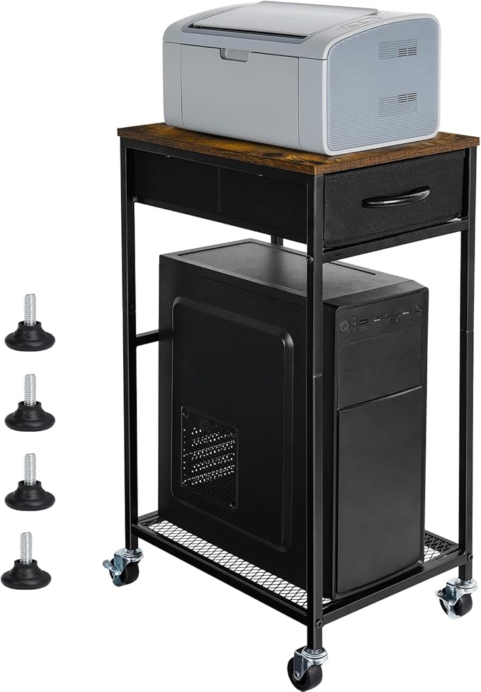 YBING Computer Tower Stand PC Tower Stand with Storage Drawer Mobile CPU Holder Stand with Caster Wheels 2 Tier Rolling Computer Tower Cart for Home Office Fax, Rustic Brown