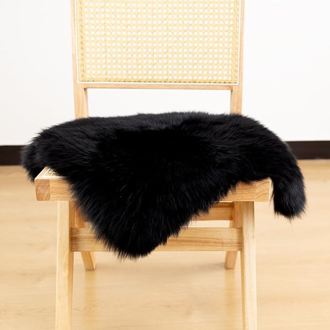 LLB Sheepskin Chair Cushion Non-Slip Back Square Genuine Fur Chair Cover Silky Natural Wool Seat Cushion Pad Soft Area Rugs Carpet for Home Office Restaurant Chair 18x18 Inch (Pack of 1), Black