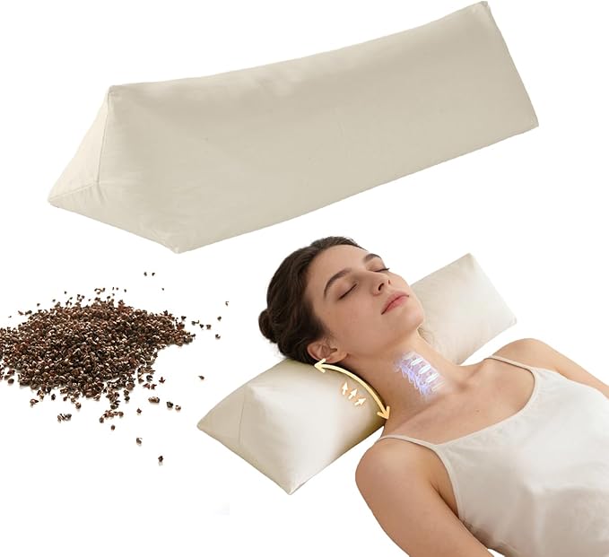 Buckwheat Pillow - Adjustable Buckwheat Neck Pillow(17x6) to Provide Firm Support, Neck Roll Pillow for Side and Back Sleepers, Bolster Pillow with Organic Pillowcase, Triangle Pillows