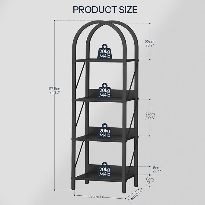 HOOBRO Bookshelf, 4-Tier Arched Bookshelf, Industrial Bookcase with Metal Frame, Small Book Shelf Storage Organizer for Living Room, Office, Bedroom, Black BB424SJ01