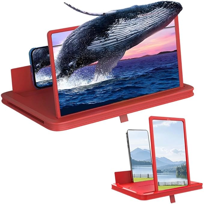 Mobile Phone Magnifier Screen, 3D HD Magnifying Projector Screen Enlarger for Movies Videos and Gaming, Foldable Phone Stand with Screen Amplifier, Compatible with All Smartphones (Red a, 14inch)