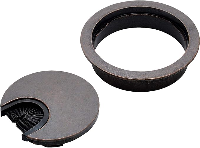 Antique Bronze Metal Cable Grommet | 2 Piece "Lock in" Feature with "Brush" Opening for Management of Office & Computer Desk Wires | 60mm (2 3/8") Hole Opening | 5 Pack