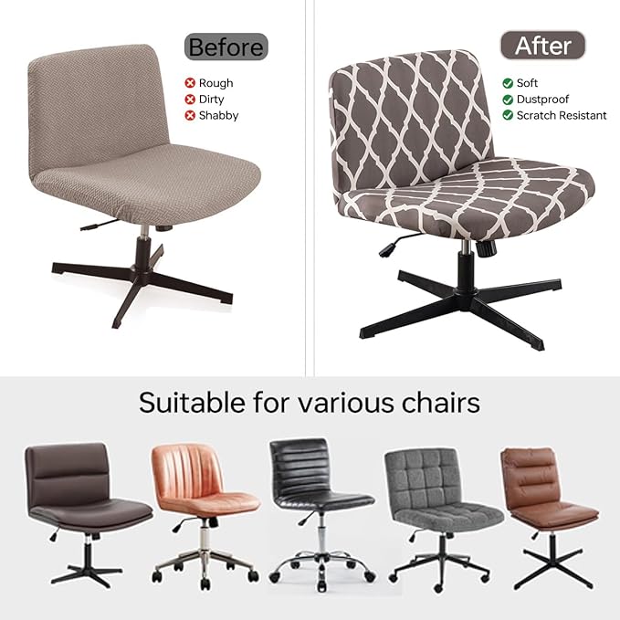 Armless Chair Slipcover Stretch Criss Cross Chair Cover, Mid Back Wide Seat Accent Chair Covers,Modern Vanity Chair Cover for Office Desk (Grey Grid)