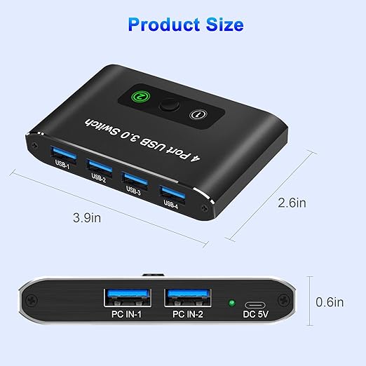 USB Switch, USB Switcher 2 Computers, USB 3.0 Switch Sharing 4 USB Devices KVM Switcher Box for PC, Printer, Scanner, Mouse, Keyboard with 2 Pack USB Cable, Compatible with Mac/Windows/Linux