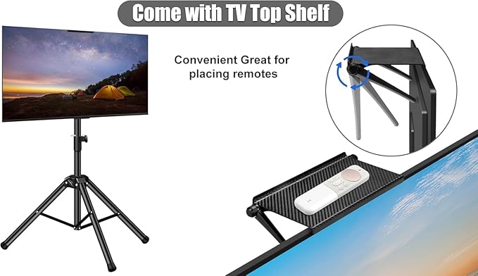 Portable TV Tripod Stand with Adjustable Angle Outdoor TV Stand with Top Shelf, Universal TVs Tripod for 30-55 in LCD LED Flat Screen TVs Display Floor Stand with No Drilling Needed