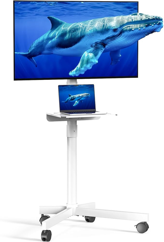 Mobile TV Cart for 23-60 Inch LCD LED OLED Flat Curved Screen TVs - Height Adjustable Rolling Floor Stand with Shelf and Locking Wheels - Up to 88lbs, Max VESA 400x400mm, White