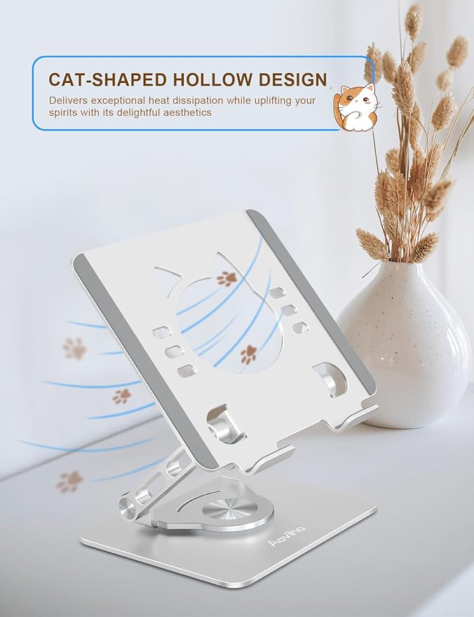 Aoviho Tablet Stand 360° Rotating Aluminum Holder, Adjustable, Portable and Foldable Monitors Stand for iPads, Compatible with 4-12.9" Tablets, Silver