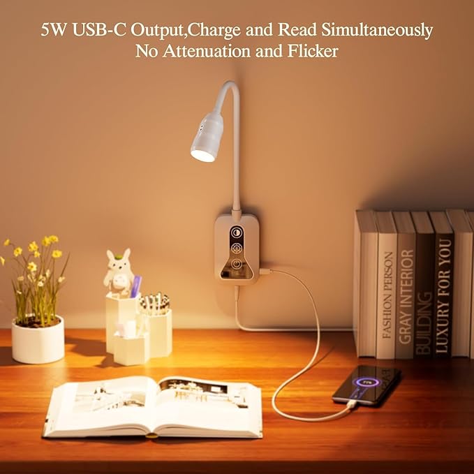 Wall Mounted Reading Light, Wall Light with Motion Sensor Switch, 5 Dimmable & 5 Color Temperature Adjustable, USB-C Output, Flexible Neck Book Light for Bed, Sofa, Desk,Dorms, Heaboard