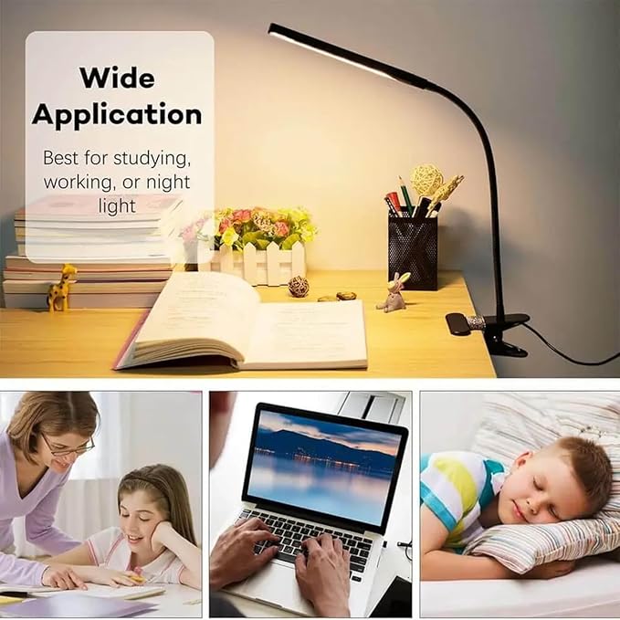 Clip on Light LED Desk Lamp LED Light and Metal Clip, 10 Level Brightness 3 Color Modes, Power by USB Port 10W Flexible Gooseneck Reading Light for Home and Office (Black)