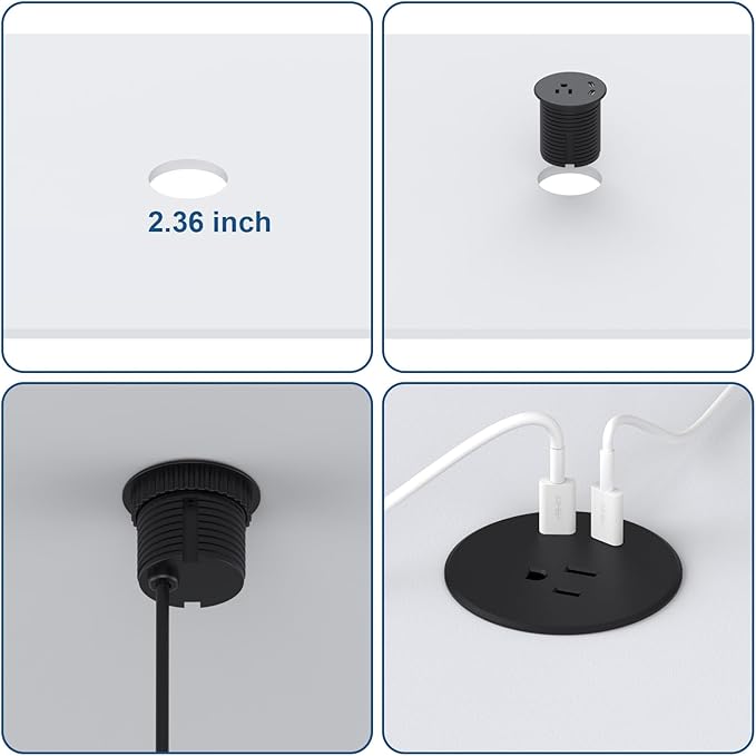 Desk Power Grommet, Haylink Recessed Power Strip with AC Outlet & 2X PD 20W USB C | 6.56FT Cable | 2.36"(60mm) Cut Hole| for Modern Desk, Kitchen Island & Workshop, Black