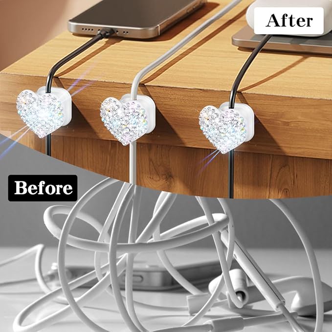 Bling Cord Organizer Holder,Heart Shape Magnetic Cable Clips with Strong Adhesive，Desk Cable Holder & Phone Charging Cords Wire Management for Home,Office,Car,Nightstand (White 4 Pack)