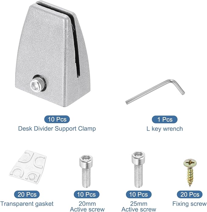 PATIKIL 10 Pcs Office Desk Partition Support Bracket, Aluminum Alloy Sneeze Guard Support Clamps Desktop Divider Clips for Offices Stores Counter Privacy Panel, Silver