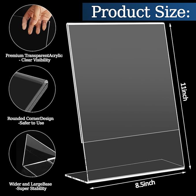 12 Pack 8.5x11 Inch Acrylic Sign Holder Clear Plastic Table Display Stand L-Shape Vertical Menu Holder Picture Photo Flyer Display Stand for Desktop Flyers, Documents, Office, Restaurants