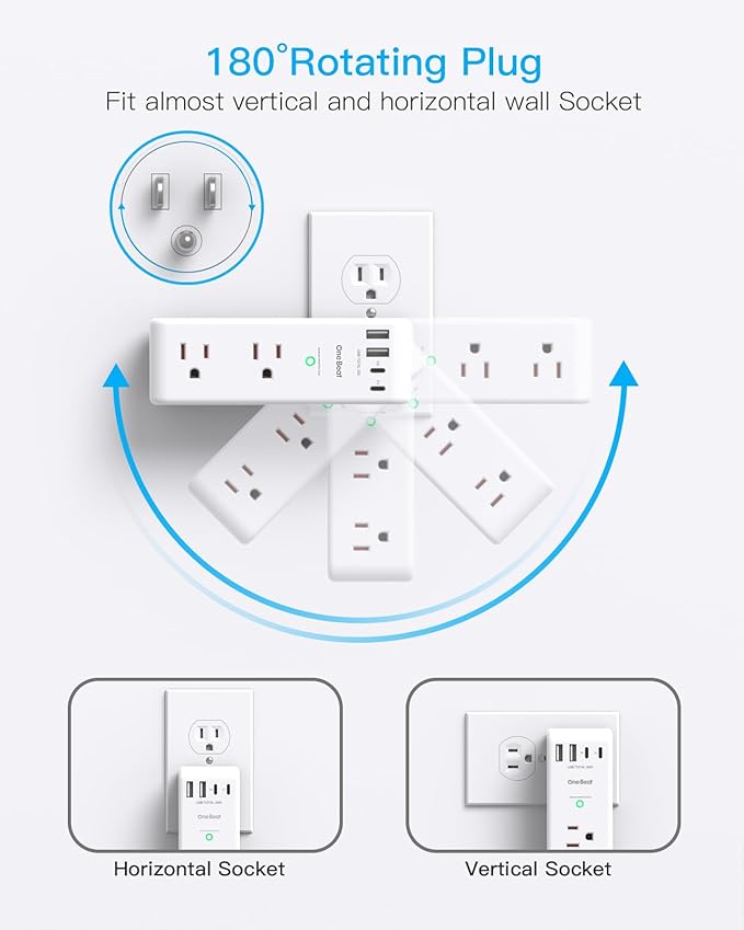 PD 20W Surge Protector Outlet Extender, Rotating Plug, One Beat 6 AC Multi Plug Outlet with 4 USB Ports (2 USB C), 1800J, 3-Sided Swivel Power Adapter with Spaced Outlet Splitter for Home Office Dorm