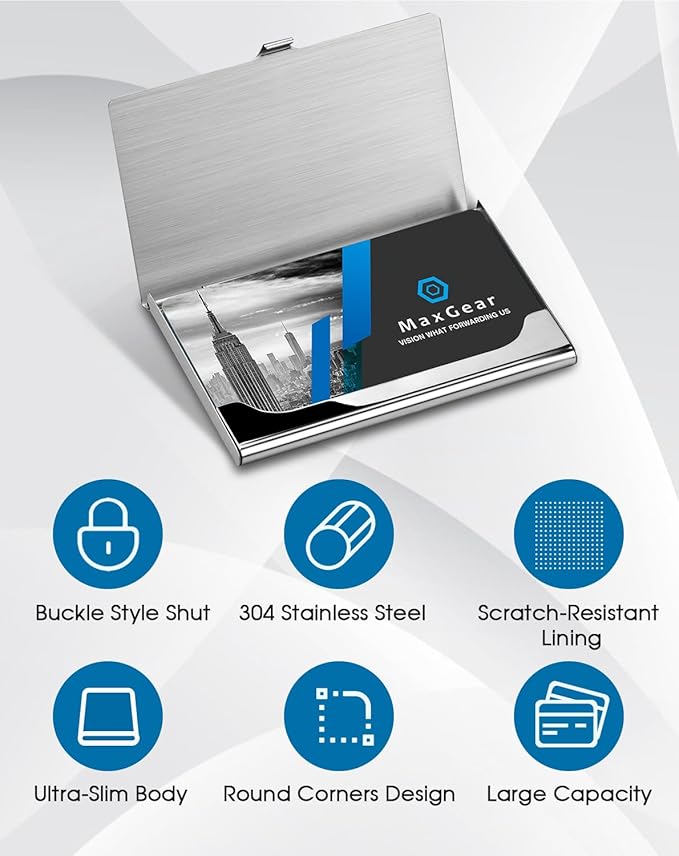MaxGear Metal Business Card Holder for Men & Women, Stainless Steel Business Card Case Holds 10–20 Cards, Slim Pocket Name Cards Holder with Interior Lining & Buckle Closure, Silver Mirror