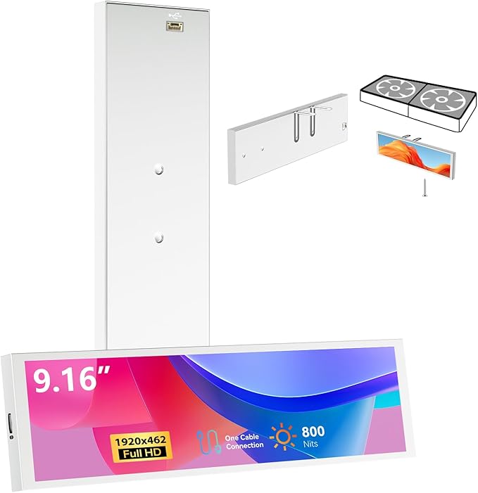 9.16" Computer Temp Monitor, FHD 1920x462 PC Sensor Panel One-Cable Connection(No HDMI Needed), Stretched Bar LCD Dynamic Theme Supported, IPS Mini Secondary Screen for CPU RAM HDD Data (White)
