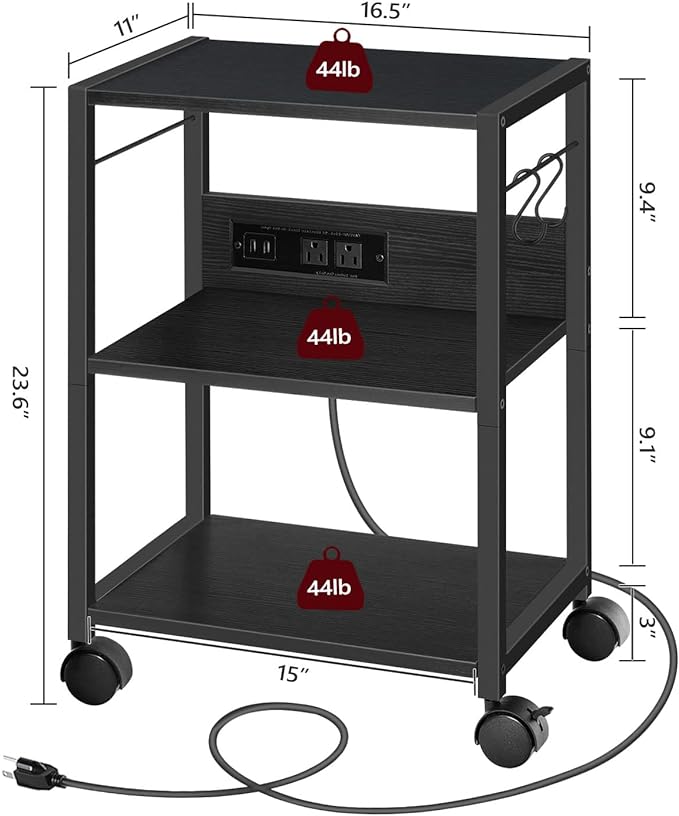 MAHANCRIS Industrial Printer Cart, 3-Tier Mobile Printer Stand, Rolling Cart with Power Outlets and USB Ports, Home Printer Stand with 2 Hooks, for Office, Living Room, Black PTHB40E01