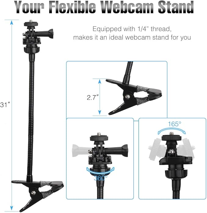 Webcam-Stand-Mount Phone Camera Desk-Clamp-Holder - 27 Inch Flexible Gooseneck Arm Mount Stand for Phone Gopro Hero Webcam C922 C930 C930e C920 Brio 4K C615 C922x C925e C920s C270 C310