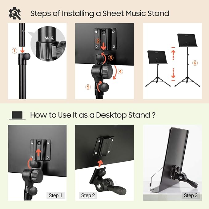 CAHAYA Music Stand for Sheet Music - Dual-use Converts to Desktop Stand Portable& Foldable 31.4-57in Height Adjustable Sturdy to Holds Thick Book or Tablet Include Carrying Bag Sheet Music Folder Clip