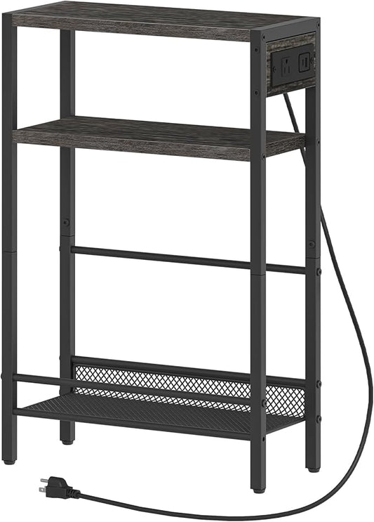 HOOBRO Small Narrow Side Table with Charging Station, Skinny End Table for Small Spaces, Slim Nightstand with USB Ports Outlet, Sofa Beside Table with Storage Shelf, Charcoal Black BC102UBZ01